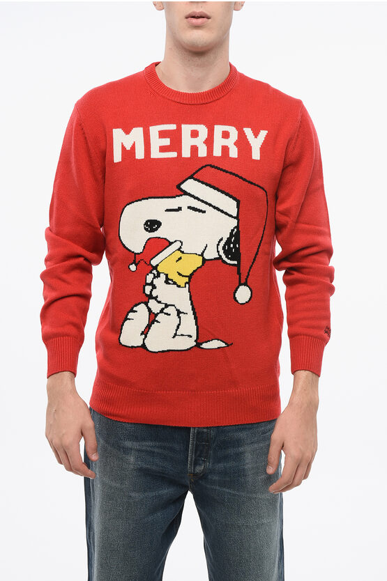 Mc2 Saint Barth Peanuts Wool Blend Merry Snoopy Crew-neck Sweater With Front In Red