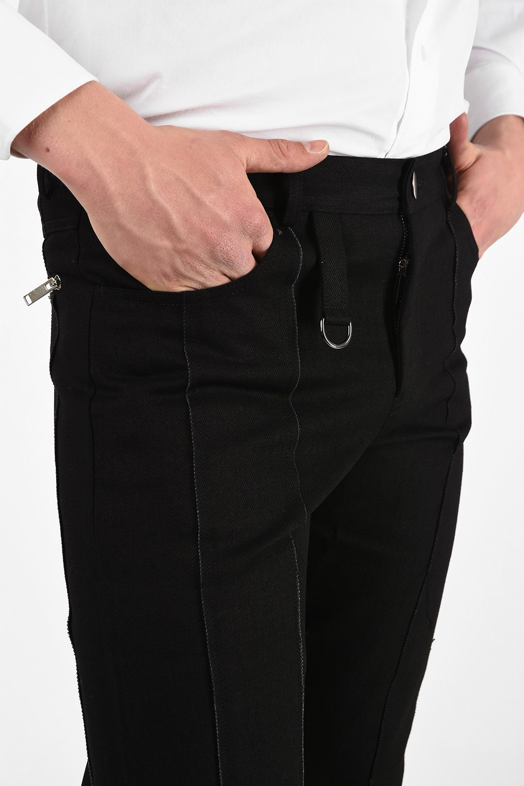 Charcoal flat-front stretch slim fit Cigarette Pants | Sumissura
