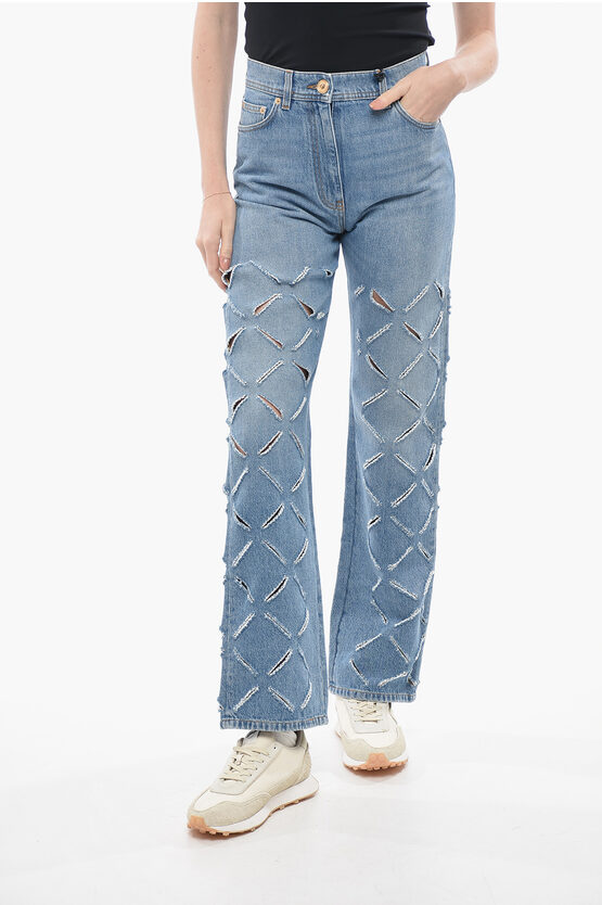 Versace Perforated Cotton Stright Fit Denims 24cm In Blue