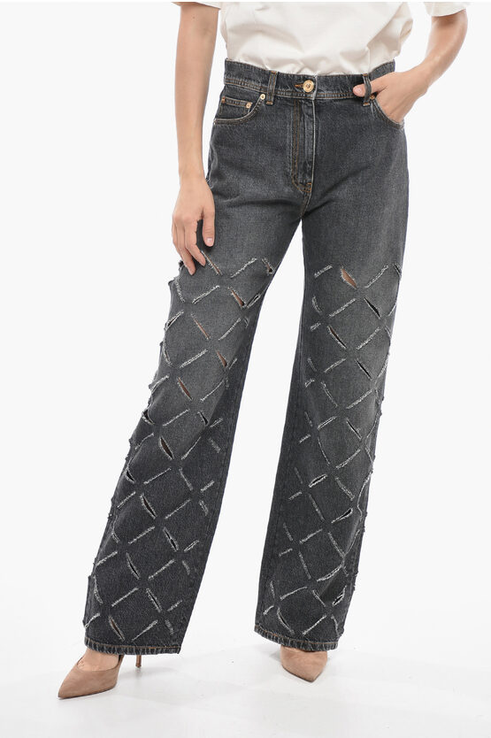 Versace Perforated Cotton Stright Fit Denims 24cm In Gray