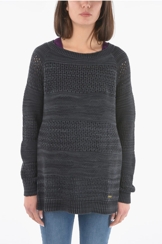 Woolrich Perforated Crew-neck Sweater With Side Split-hem In Black