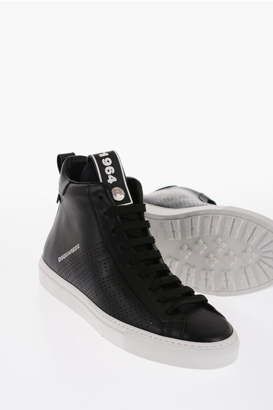 Dsquared2 Perforated Leather High-top Trainers With Contrasting Sole In Black