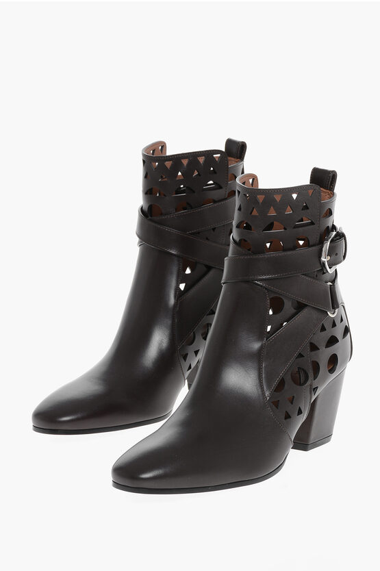 Shop Alaïa Perforated Leather Vienne Booties With Ankle Strap 6cm