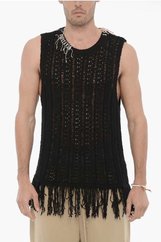 Andersson Bell Perforated Sleeveless Gordon Crew-neck Sweater With Fringes In Black