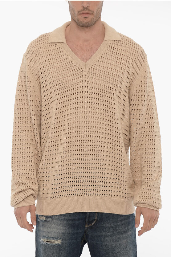 Roberto Collina Perforated Sweater With Polo Neck In Neutral