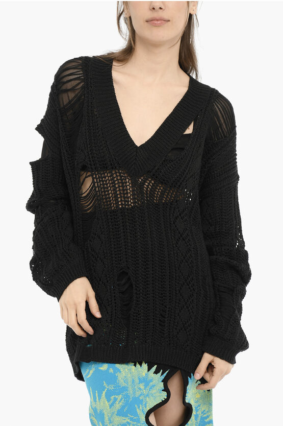 Ramael Perforated V-neck Maxi Sweater With Cut-out Details In Black