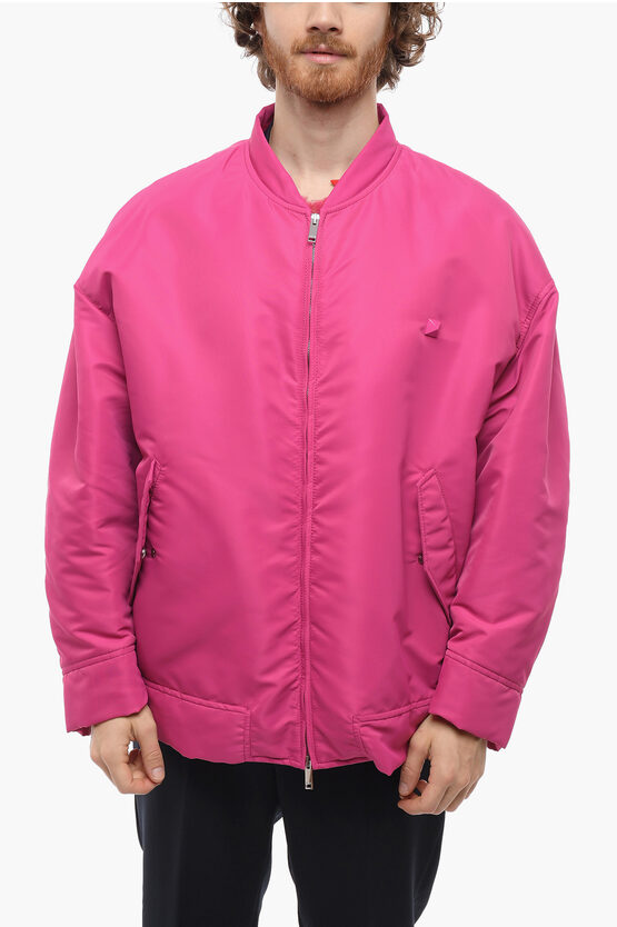 Shop Valentino Pink Pp Fur Lined Iconic Stud Bomber Jacket
