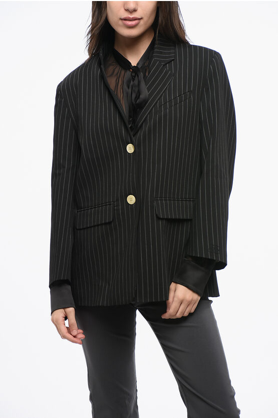 Ganni Pinstiped 2 Botton Blazer With Flap Pockets In Black