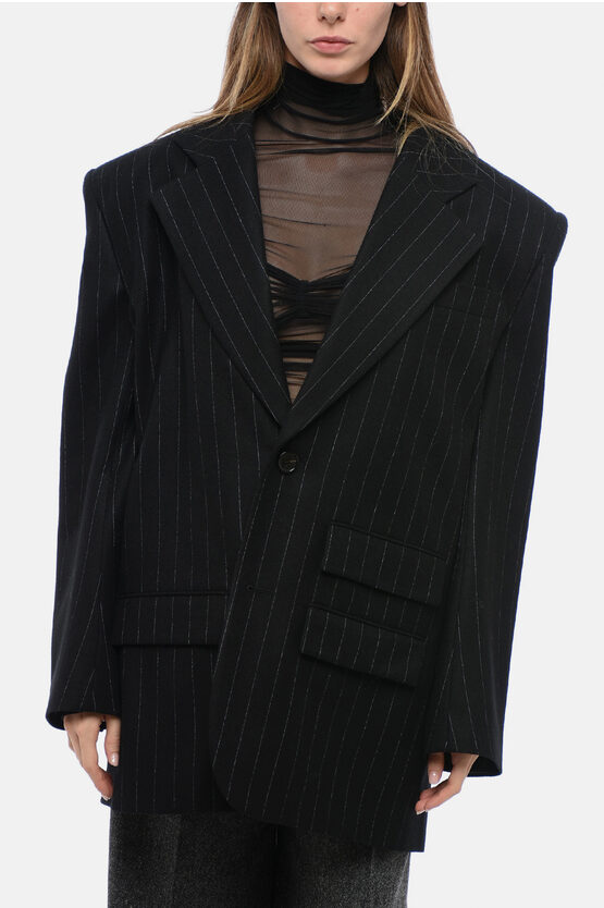 Shop Saint Laurent Pinstriped Blazer With Padded Shoulders