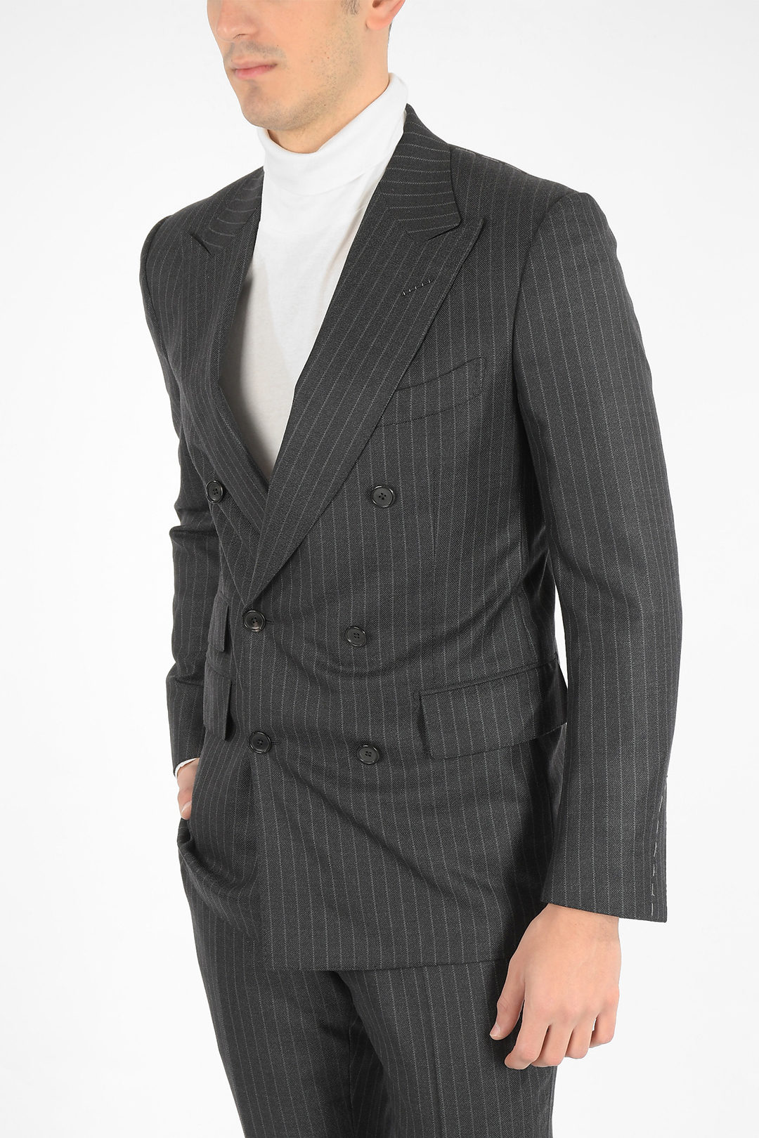 Tom Ford pinstriped center vent peak lapel 3-button double breasted ...