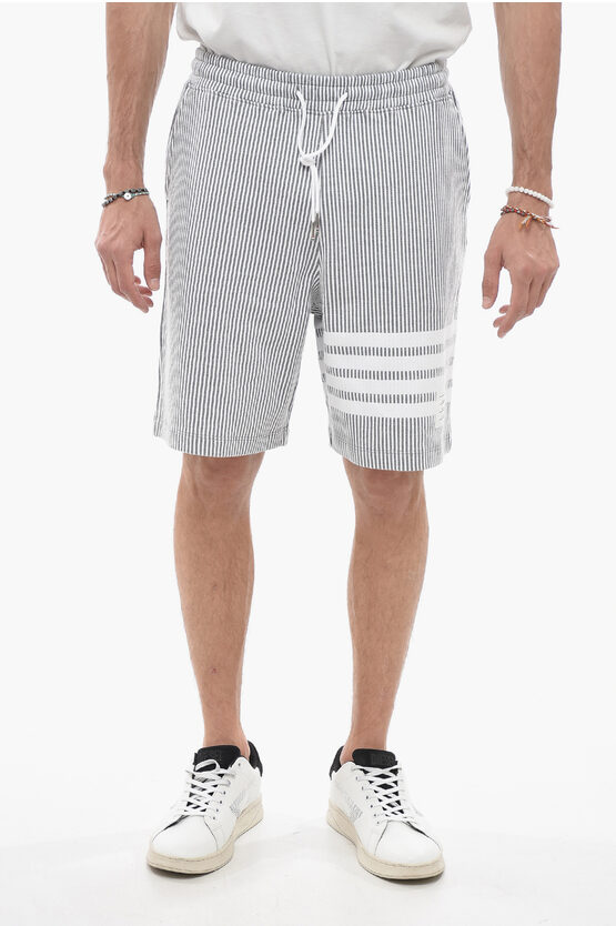 Shop Thom Browne Pinstriped Cotton Shorts With Contrasting Bands