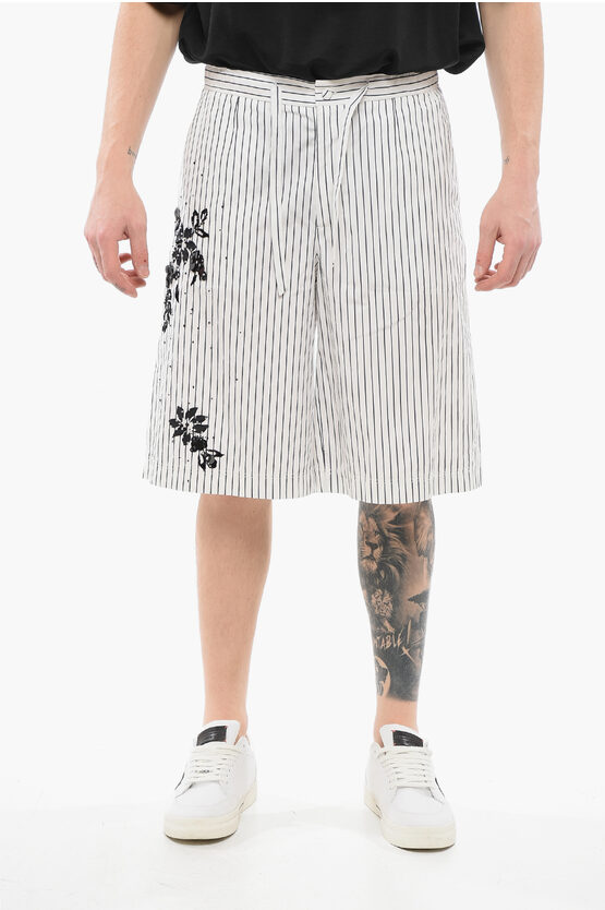Dolce & Gabbana Pinstriped Cotton Shorts With Sequined Embroideries