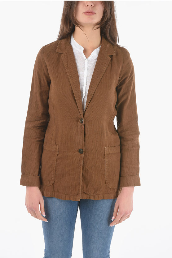 Woolrich Pinstriped Flax And Cotton 2-button Blazer In Brown