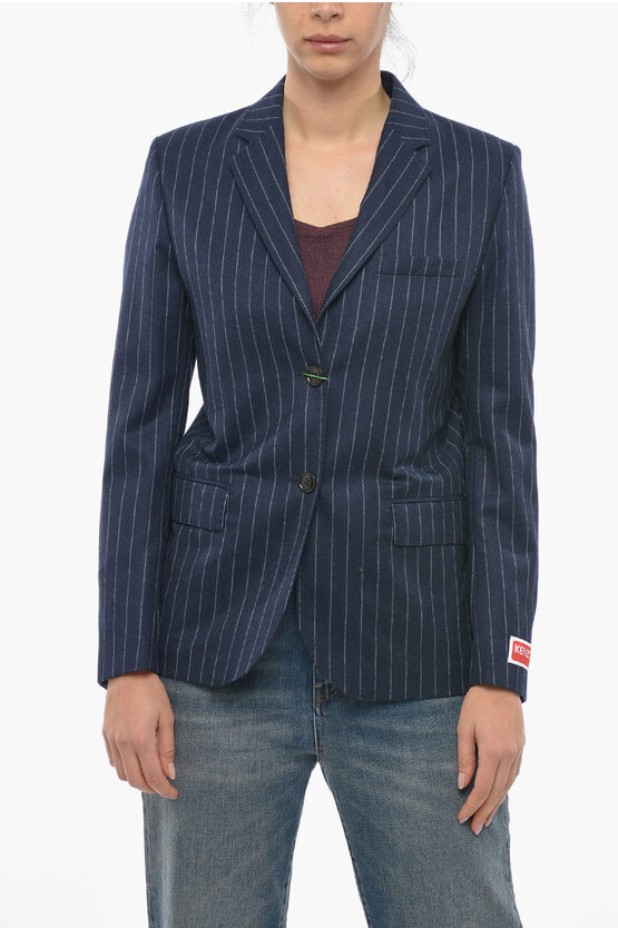 Kenzo Pinstriped Single Breasted Blazer With Flap Pockets In Blue