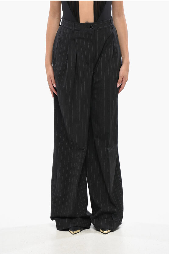 Dolce & Gabbana Pinstriped Virgin Wool Double Pleated Pants In Black