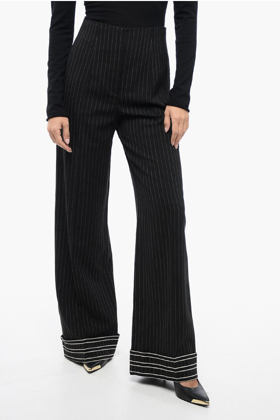 Alberta Ferretti Pinstriped Virgin Wool Palazzo Pants In Black