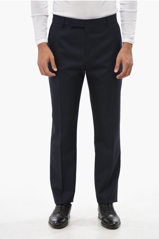 Celine Men Pinstripe Wool Trousers In Black