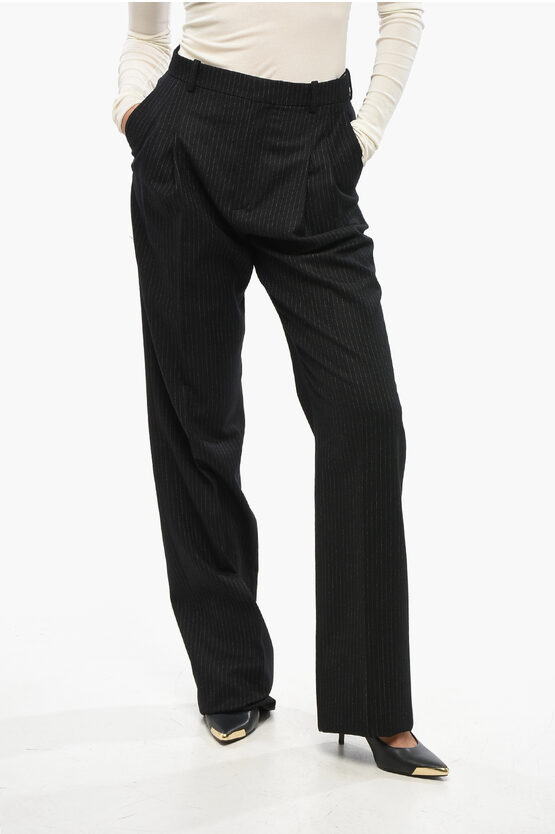 Saint Laurent Pinstriped Wool Single Pleated Pants In Black