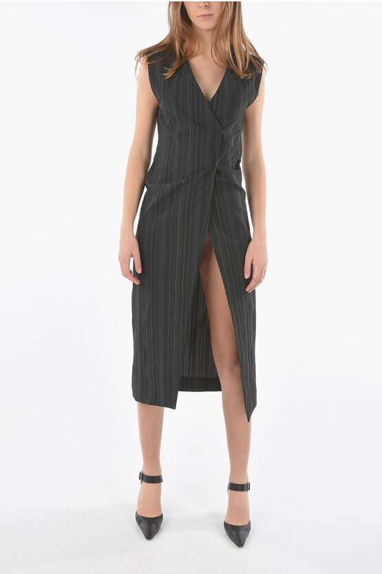 Ixos Pinstriped Zenzerox Tunic Dress With Maxi Front Slit In Black