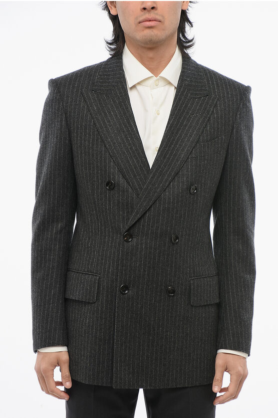 Tom Ford Dyllan Double-breasted Striped Metallic Wool And Silk-blend Suit Jacket In Black