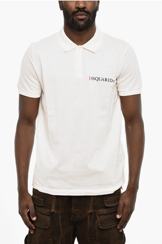 Dsquared2 Piquet Cotton 3 Buttons Polo Shirt With Print