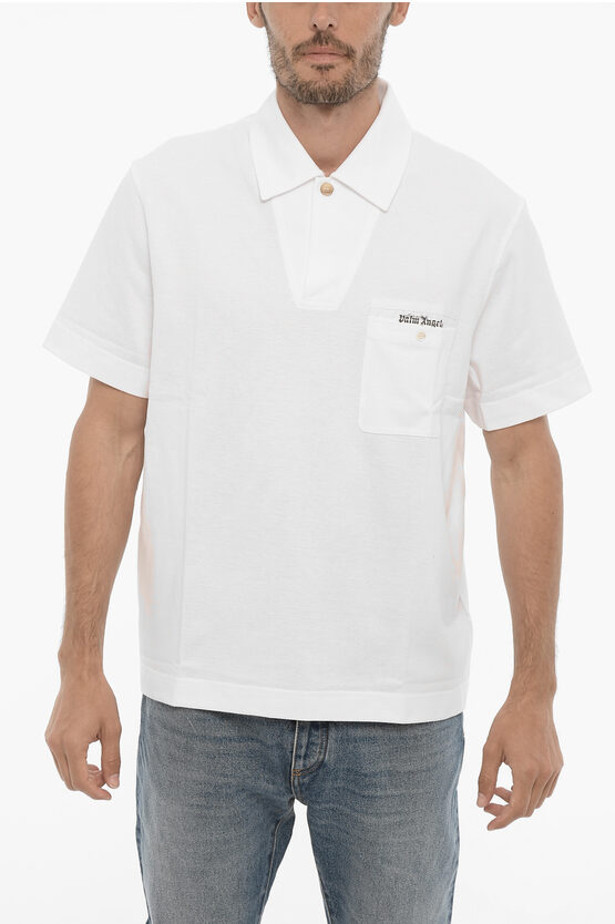 Shop Palm Angels Piquet Cotton One Button Polo Shirt With Breat Pocket