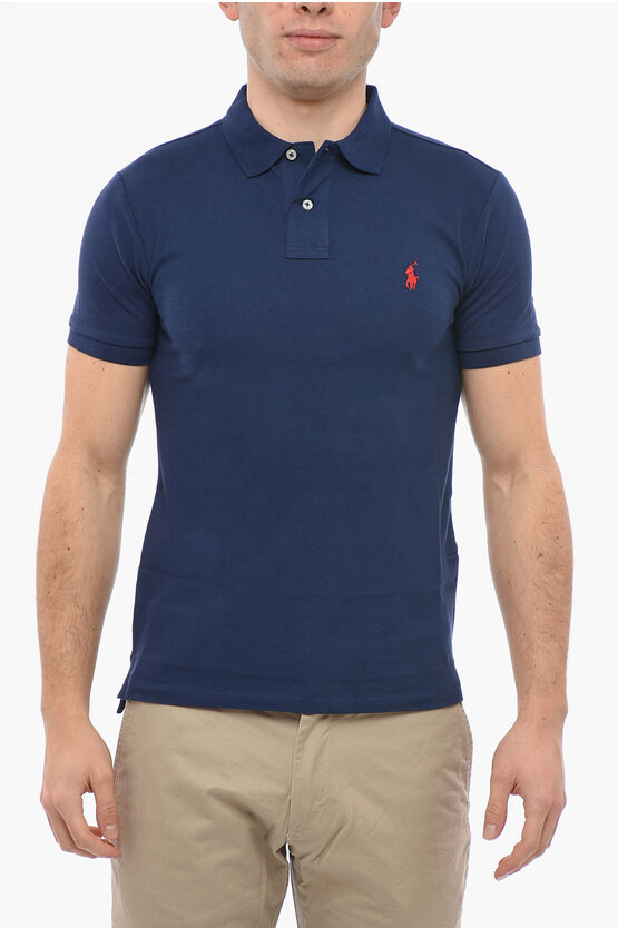 Polo Ralph Lauren Piquet Cotton Slim Fit Polo With Logo In Blue