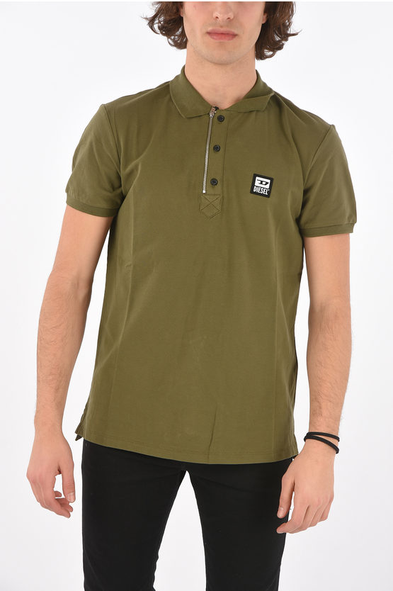 Diesel Piquè Cotton T-harry Polo Shirt With Zip Detail In Green