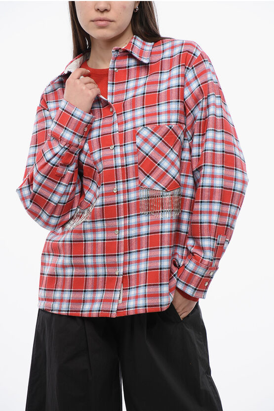 WOOLRICH PLAID CHECK COTTON BLEND OVERSHIRT WITH FRINGED DETAILS