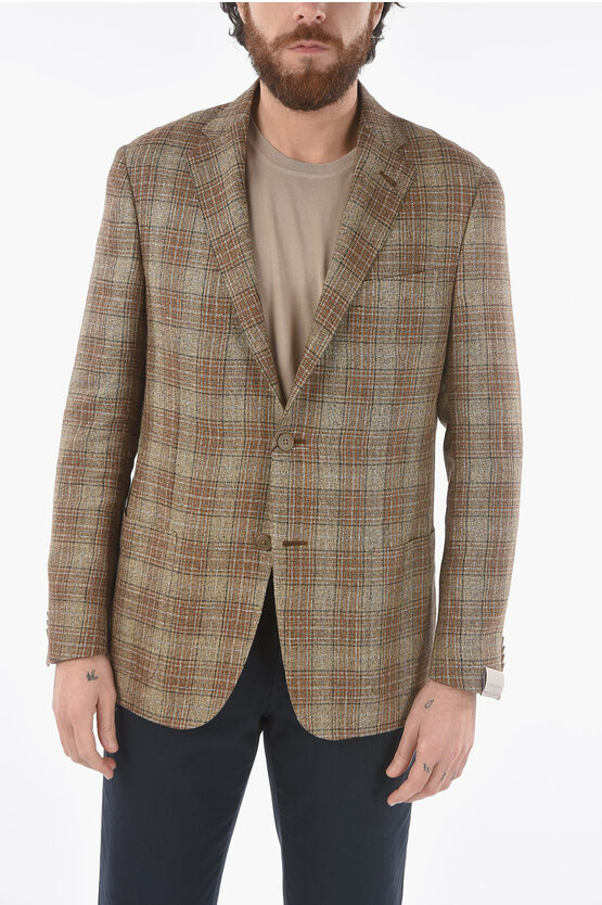 Corneliani Plaid Flax And Virgin Wool Side Vents Notch Lapel 2-button B In Brown