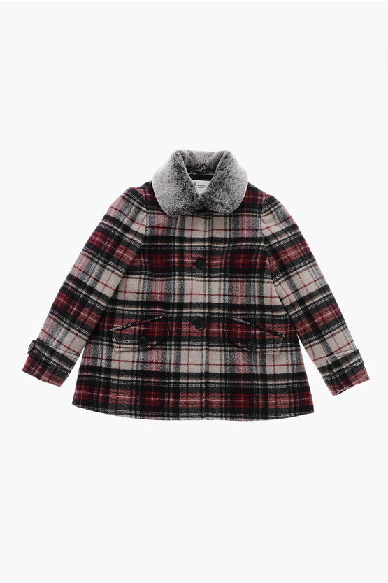 Bonpoint Plaid Motif Wool Blend Gigliola Coat With Faux Fur Detail In Brown