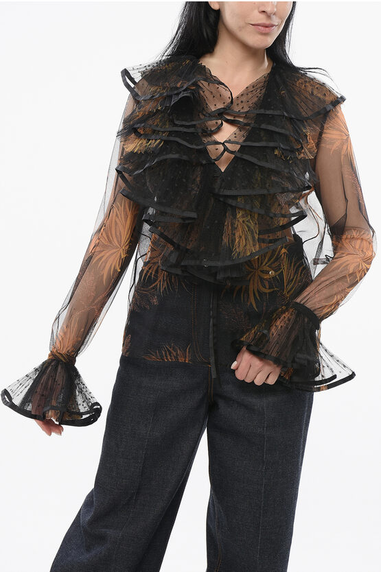 Etro Ruffled Satin-trimmed Swiss-dot And Printed Tulle Blouse