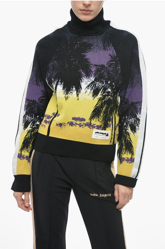 Palm Angels Plant Motif Turtleneck Sweater In Black