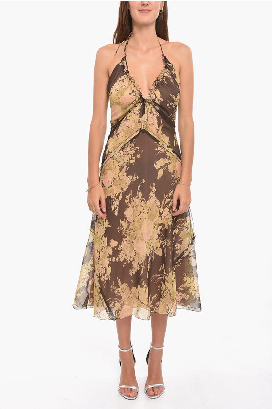 Dsquared2 Plant Pattern Ruffled Flared Dress With Drawstringed Necklin In Brown
