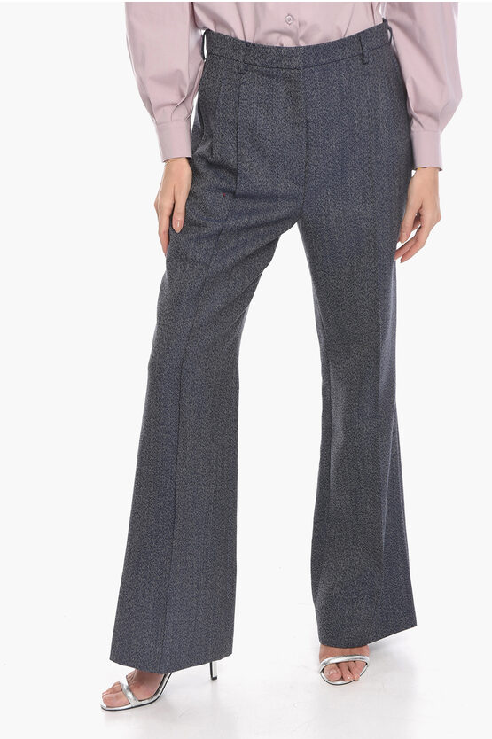 Kenzo Pleat-front Flared Trousers With Herringbone Pattern In Gray