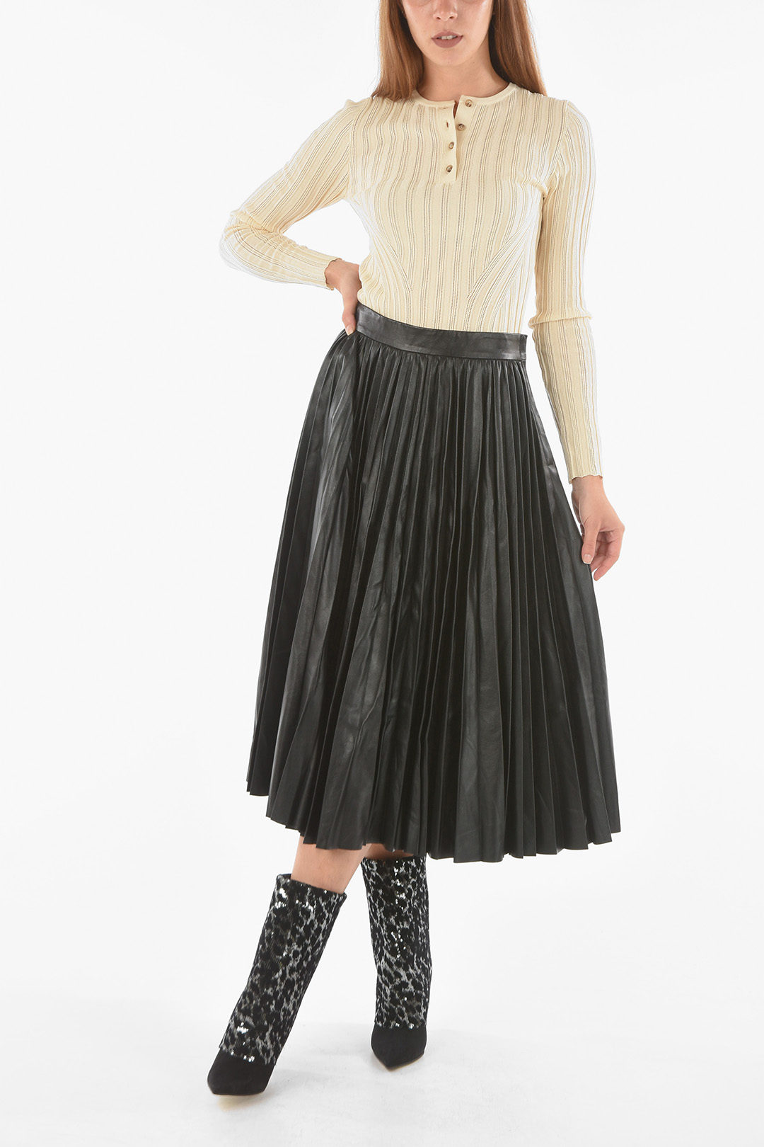 Red Valentino Pleated Accordion Leather Skirt - Glamood Outlet