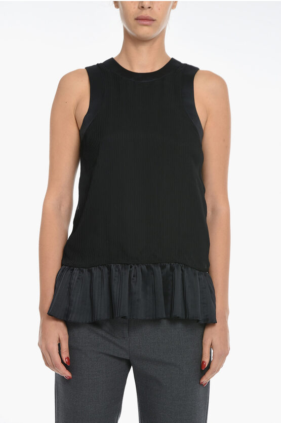 Sacai Pleated Chiffon Tank Top With Cut-out Detail In Black