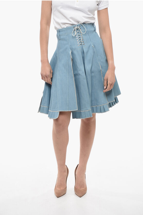 Shop Ludovic De Saint Sernin Pleated Denim Skirt With Lace-up Detail