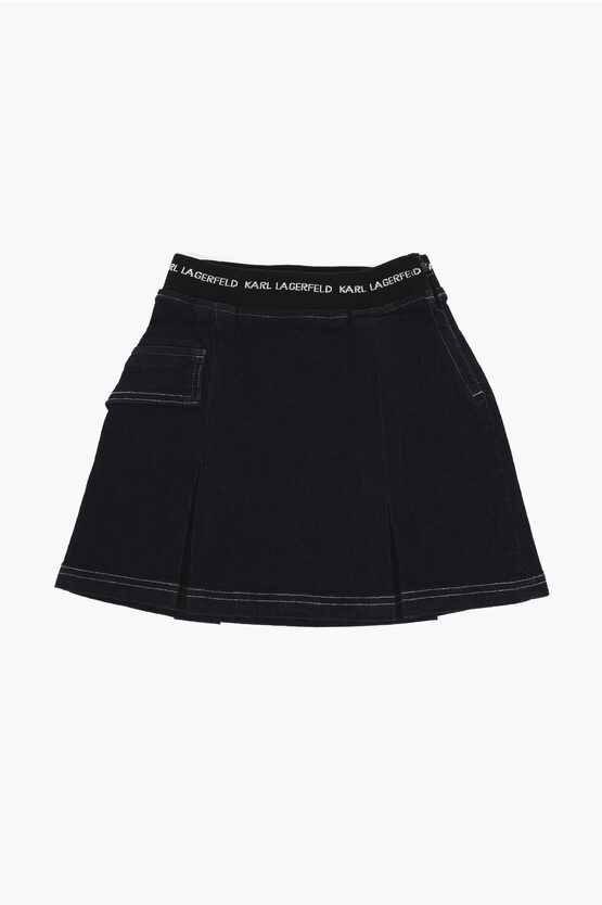 Karl Lagerfeld Pleated Denim Skirt With Logoed Band Waist