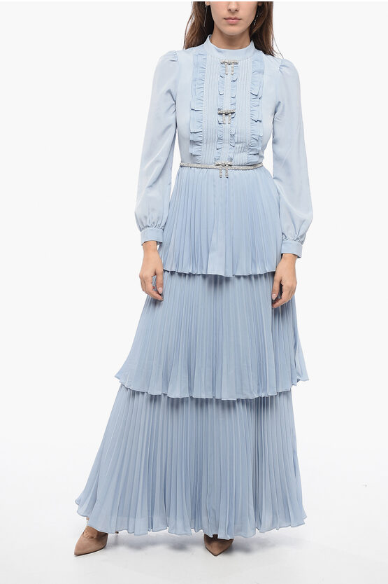 Self-portrait Pleated Flounced Maxi Shirt Dress With Tuxedo Detail In Blue