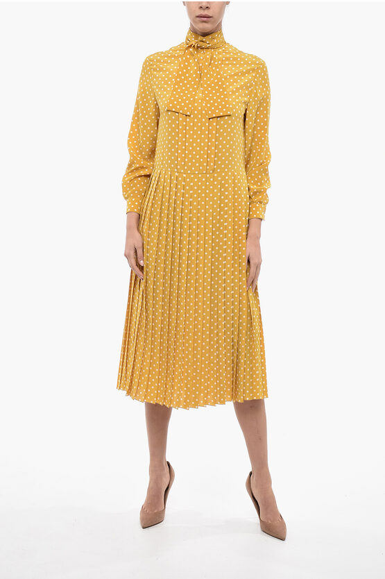 Celine Pleated Long Dress With Polka Dot Pattern In Yellow