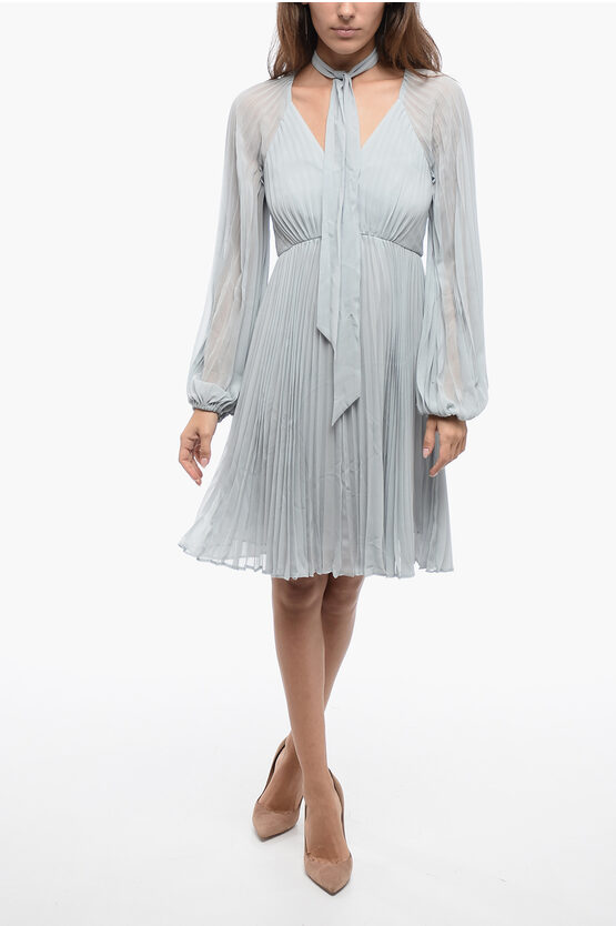 Zimmermann Pleated Sunray Tie-neck Mini Dress In Gray