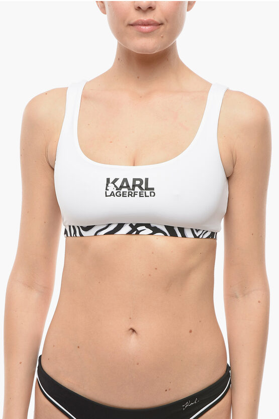 Karl Lagerfeld Plunge Bikini Top With Cut Out And Animal Detail In White