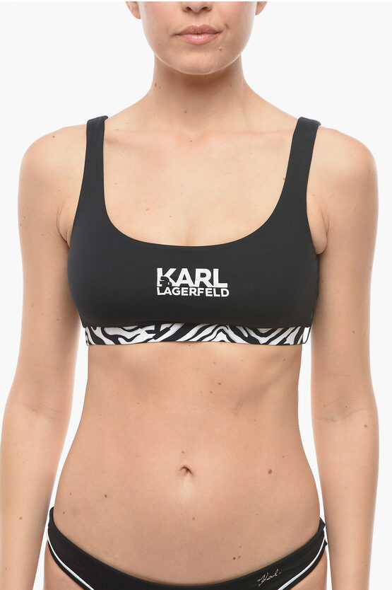 Karl Lagerfeld Plunge Bikini Top With Cut Out And Animal Detail In Black