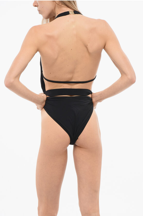 Shop Dolce & Gabbana Plunging V-neck One Piece Swimsuit With Logoed Buckle