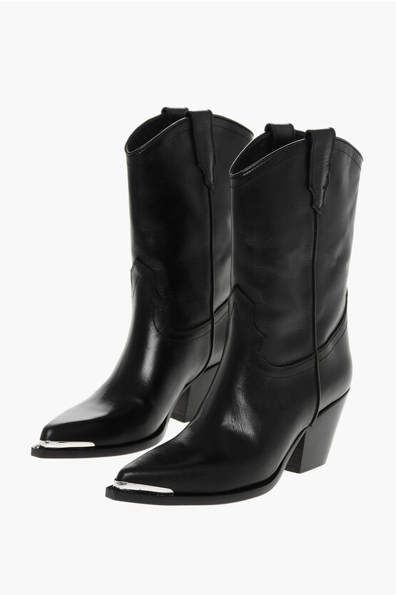 Sonora Point Toe Clara Leather Western Booties 7cm In Black