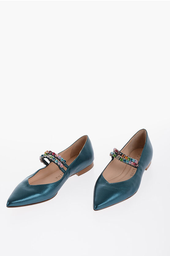 Prosperine Point Toe Laminated Leather Ballet Flats With Jewels In Green