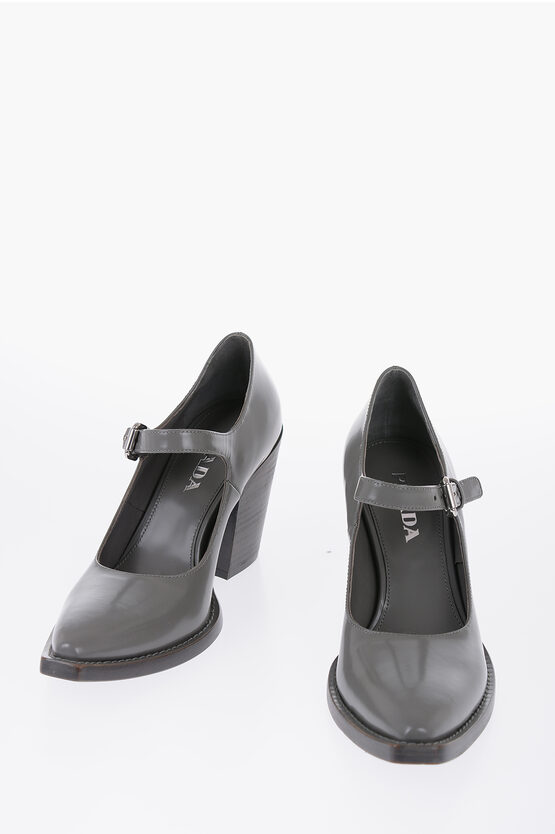 Shop Prada Pointed Brushed Leather Maryjanes Heel 9 Cm
