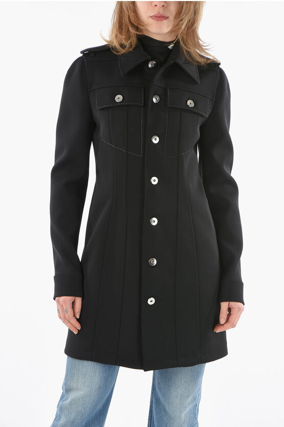 Bottega Veneta Pointed Collar Strecth Wool Minidress With Shoulder Flashes In Black