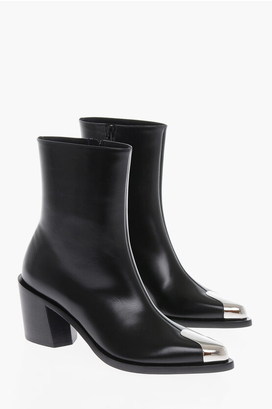 Shop Alexander Mcqueen Pointed Leather Booties With Metal Detail Heel 7 Cm